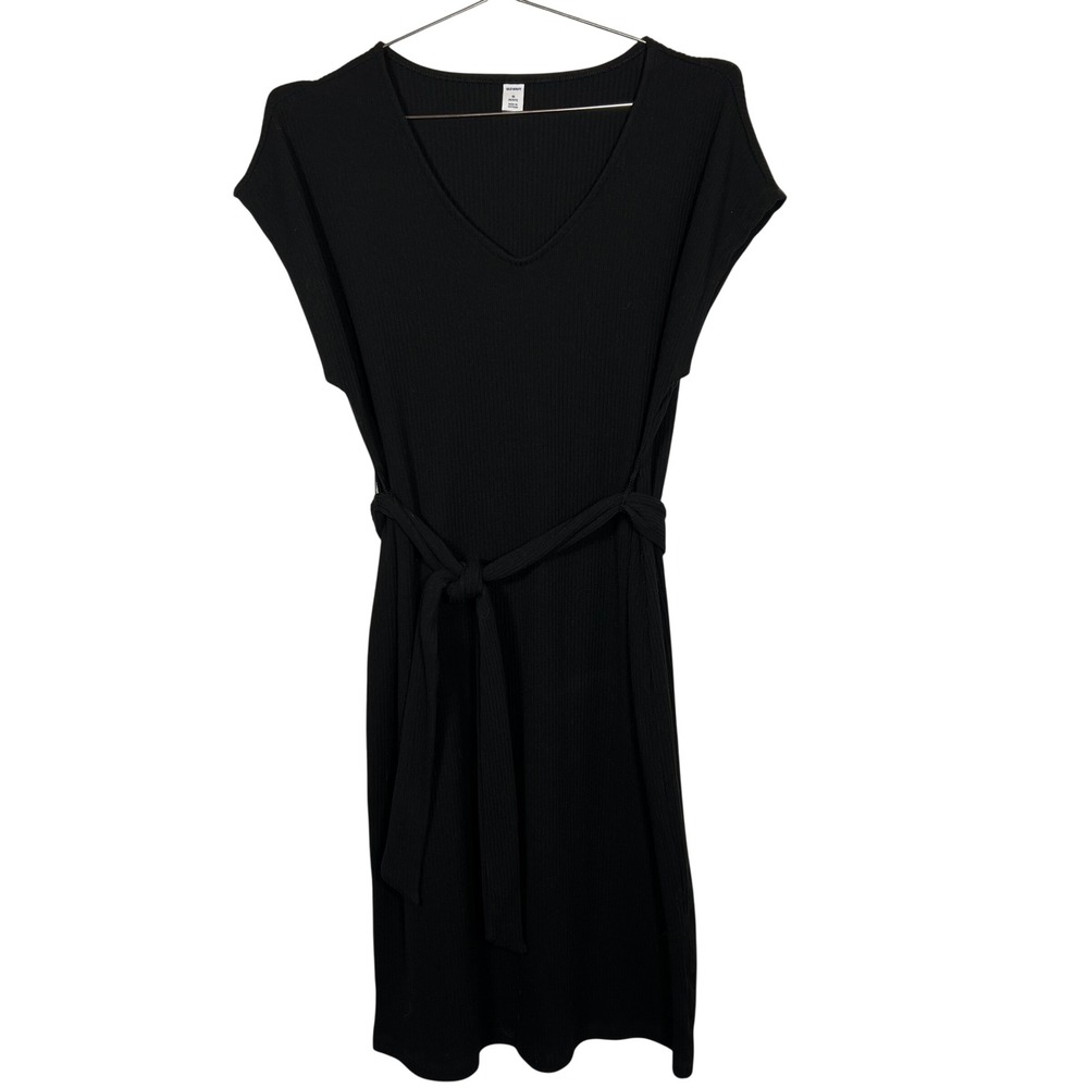 Old Navy Womens Black Ribbed Tie-Waist V-Neck‎ Midi Dress Petite Medium